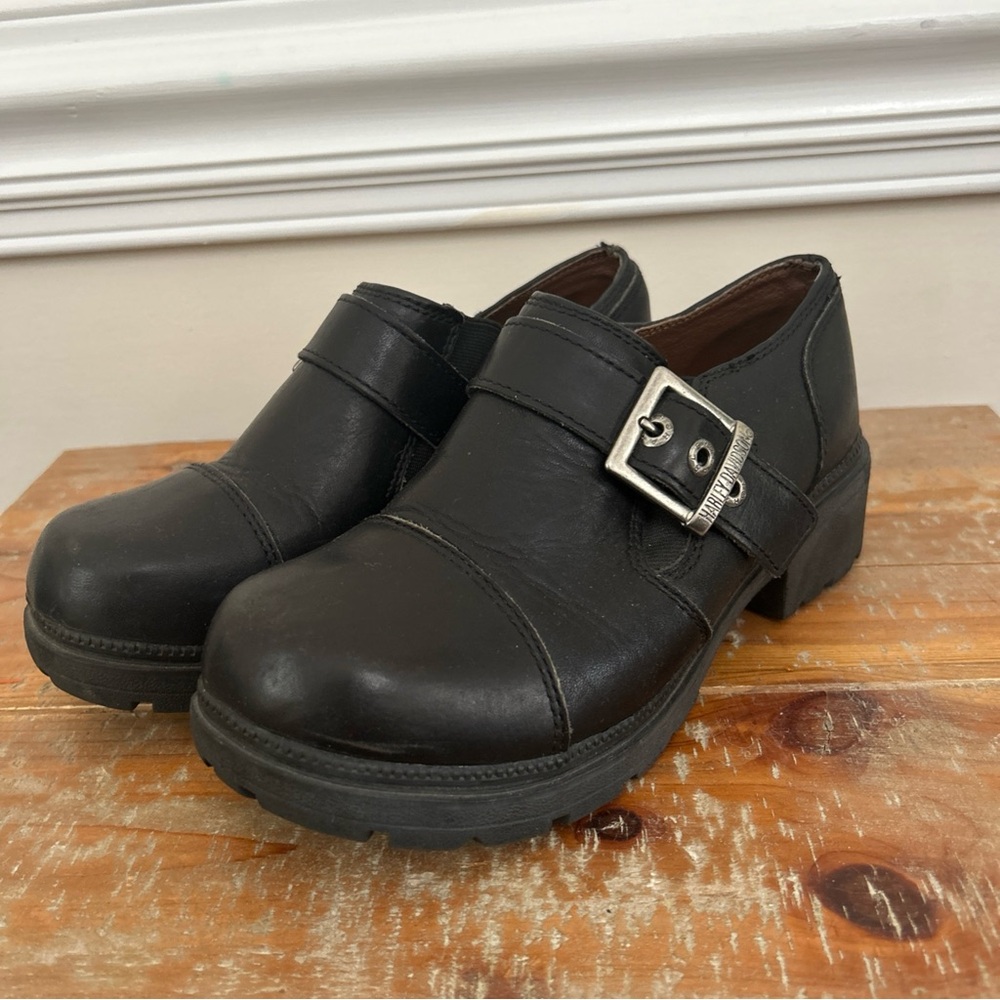 Harley Davidson Clogs Womens Size 7 Black Leather Slip On Shoes Biker Platform - Picture 2 of 13